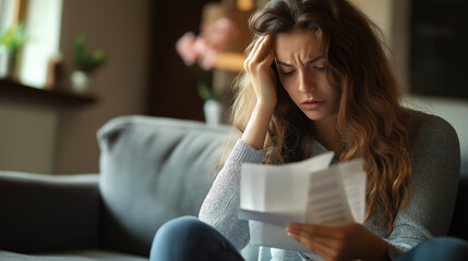 upset and worried young woman reading a received letter
