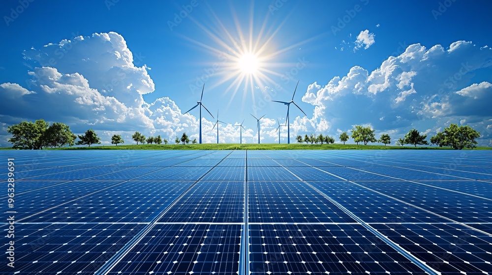 Poster solar panels stretching across a field with wind turbines in the distance under a bright sun flat de