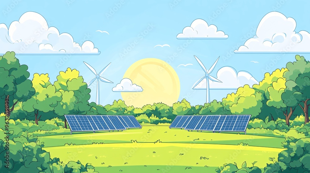 Poster wind turbines and solar panels working together to produce clean energy in a wide open landscape fla