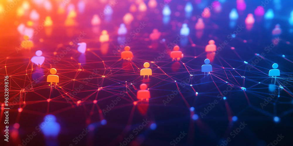 Poster Global business and digital marketing represented by a vibrant network connecting user icons