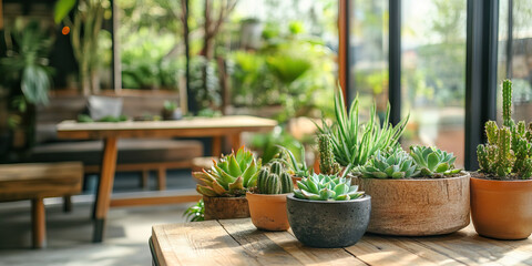 Minimal Green Oasis: A small indoor garden with succulents in planters, surrounded by natural wood furniture.