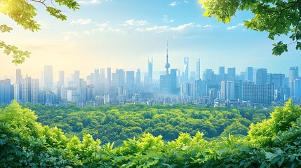 Cityscape with eco-friendly buildings covered in greenery Flat design Vector look Digital art Large space for text in center Stock Photo with copy space