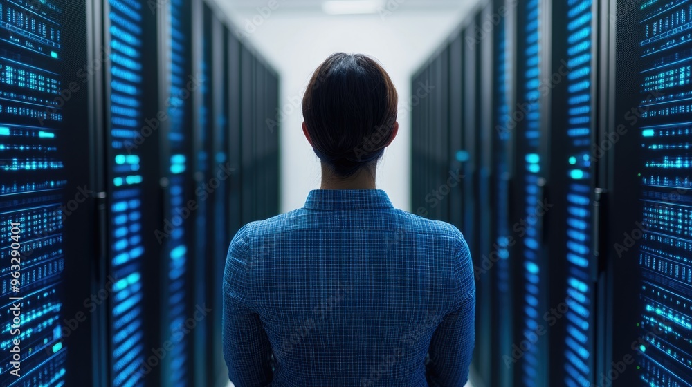 Poster a professional observing rows of server racks in a modern data center, showcasing technology and inn