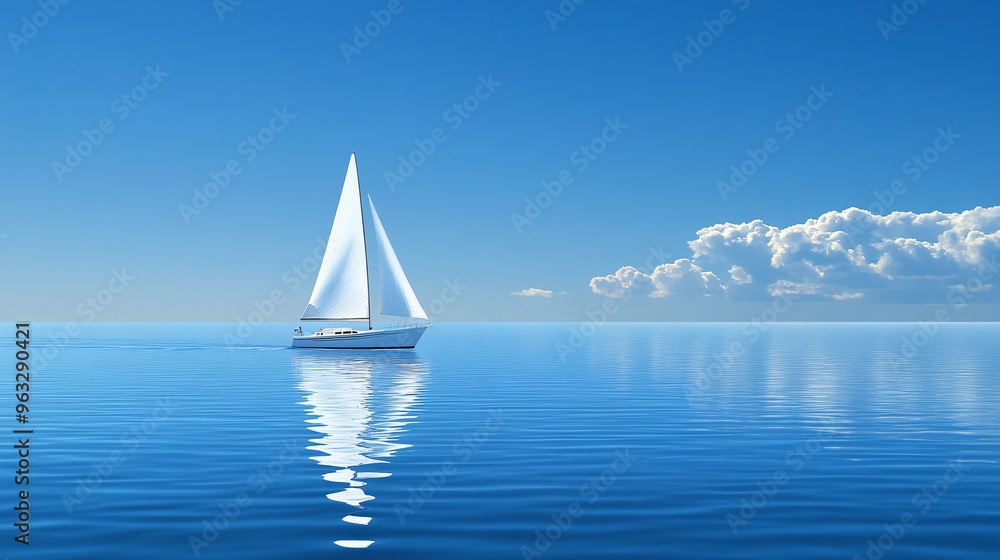 Poster Solar-powered boat sailing through calm waters Flat design Vector look Digital art Large space for text in center Stock Photo with copy space