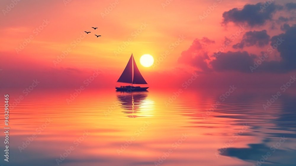 Poster solar-powered boat sailing through calm waters flat design vector look digital art large space for t