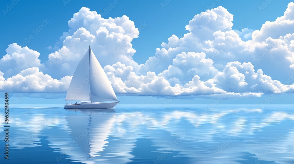 Poster Solar-powered boat sailing through calm waters Flat design Vector look Digital art Large space for text in center Stock Photo with copy space
