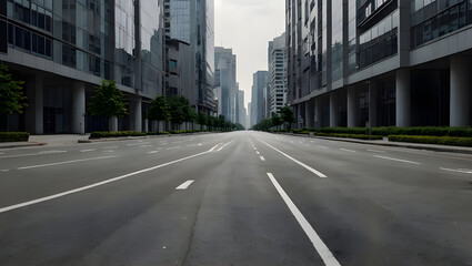 Obraz premium Close up clean empty road on modern office of city building buildings. AI generated image. 