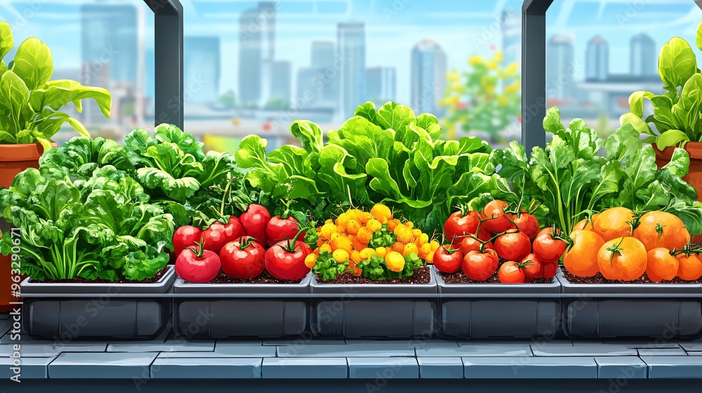 Poster city rooftop farm using smart technology flat design vector look digital art large space for text in