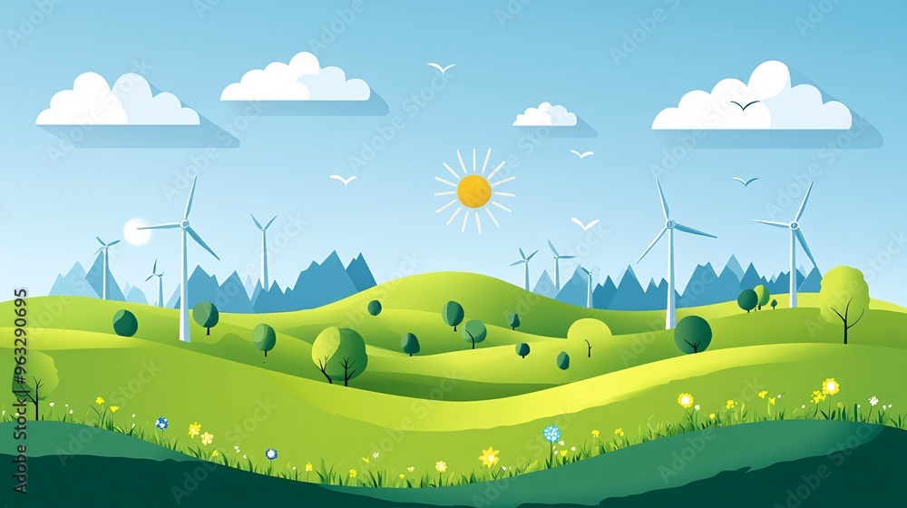 Poster Wind turbines generating clean energy in open field Flat design Vector look Digital art Large space for text in center Stock Photo with copy space