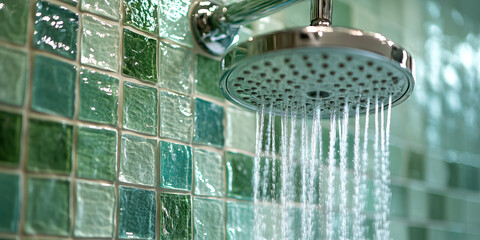 Sustainable Shower Flow: A modern showerhead and recycled-glass tiles in a simple bathroom design.