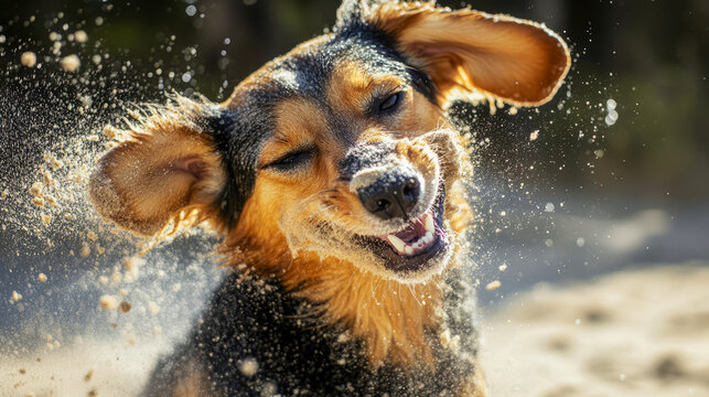 Happy Dog Shaking Off Sand After A Day At The Beach.