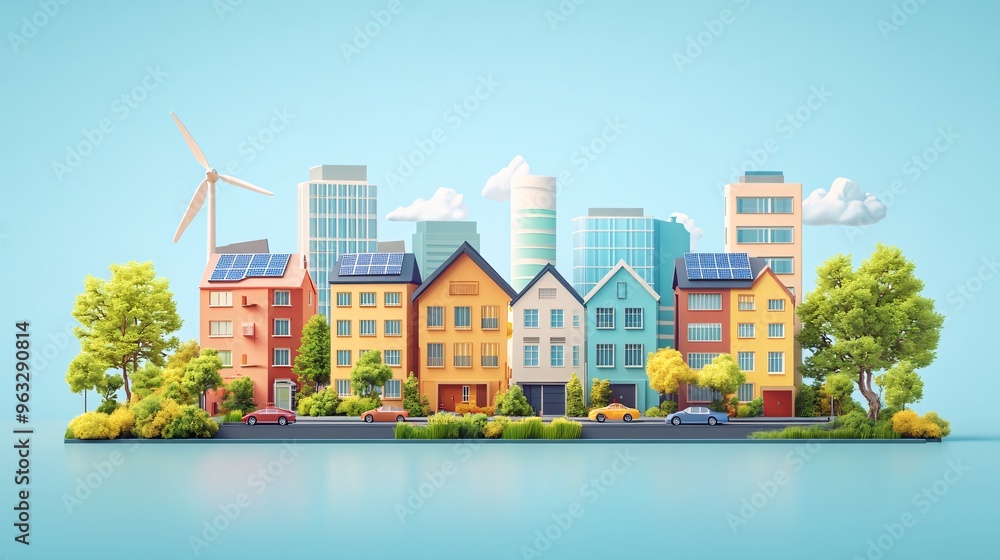 Poster solar and wind energy working together to power city flat design vector look digital art large space