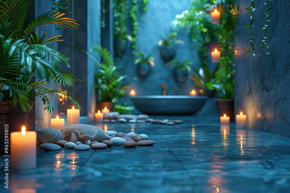 Poster a hyper-realistic spa setting with candles and tranquil , free space for text