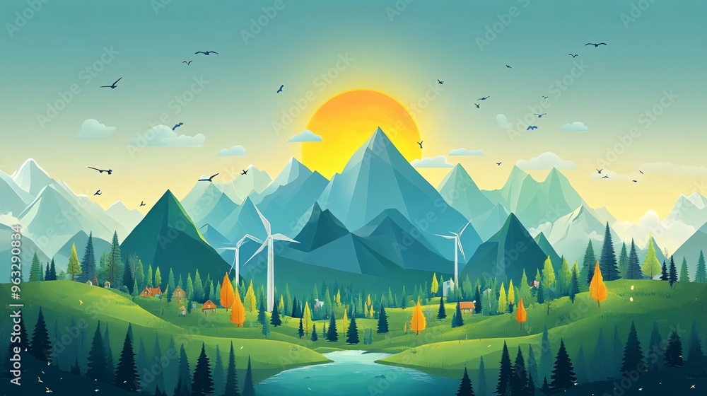 Poster solar and wind energy working together to power city flat design vector look digital art large space