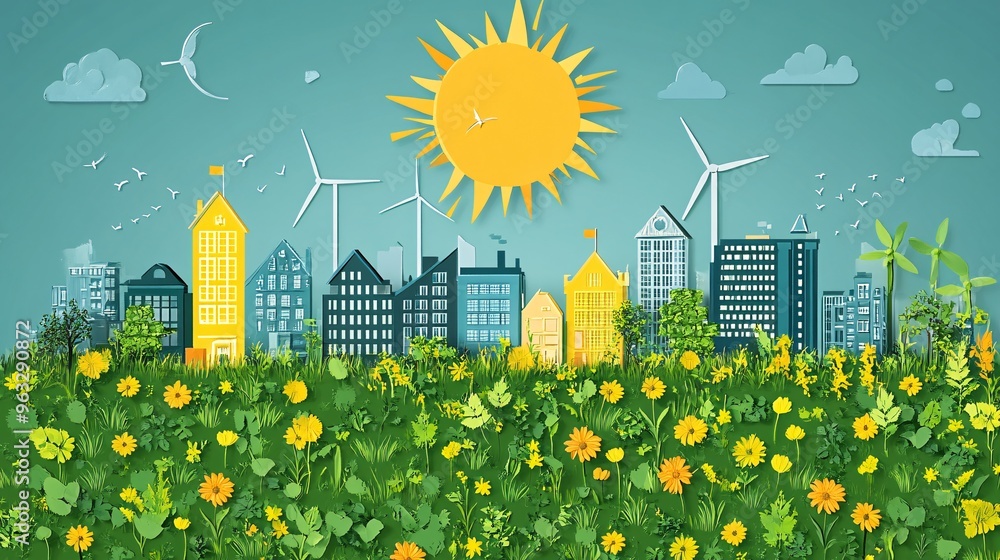 Poster solar and wind energy working together to power city flat design vector look digital art large space