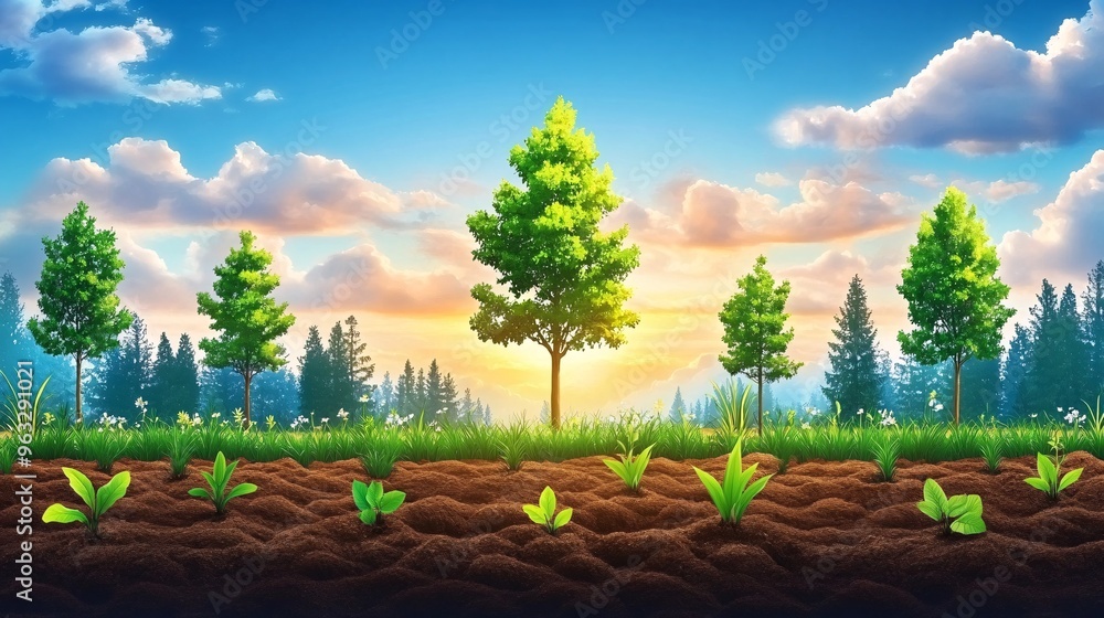 Fototapete new saplings growing in soil after drone seeding flat design vector look digital art large space for