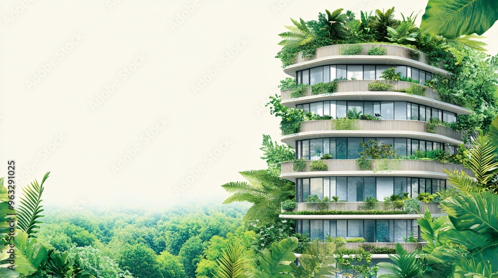 Poster Futuristic green building with energy-saving features Flat design Vector look Digital art Large space for text in center Stock Photo with copy space