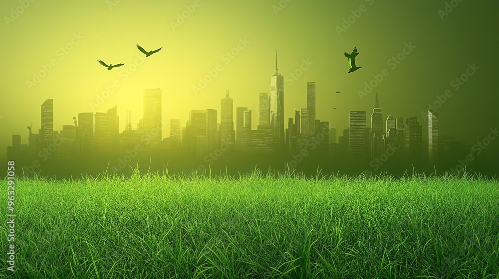 Poster Futuristic green building with energy-saving features Flat design Vector look Digital art Large space for text in center Stock Photo with copy space