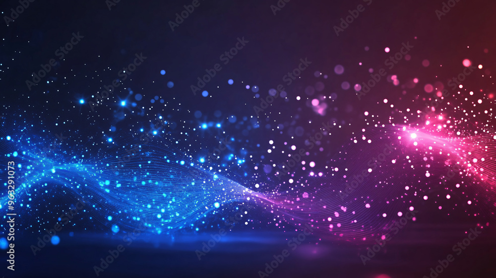 Poster futuristic abstract background with wavy lines and bokeh effect created by glowing blue and purple p
