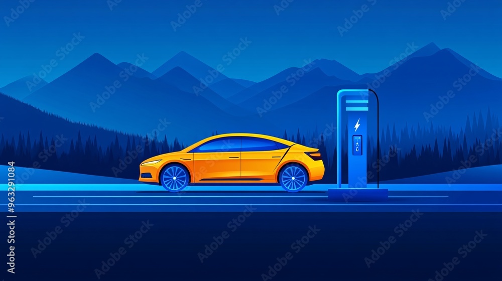 Aufkleber electric vehicle charging at solar-powered station flat design vector look digital art large space f
