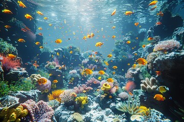 Naklejka premium A hyper-realistic underwater coral reef teeming with colorful fish , space for text
