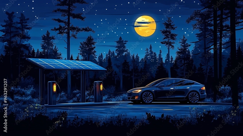 Poster electric vehicle charging at solar-powered station flat design vector look digital art large space f