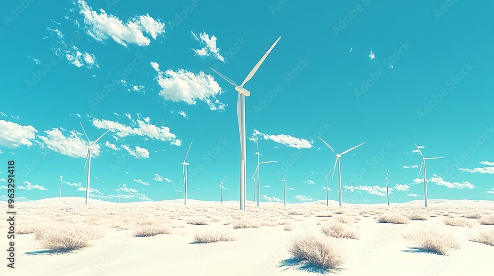 Aufkleber Wind turbines creating renewable energy on sunny day Flat design Vector look Digital art Large space for text in center Stock Photo with copy space