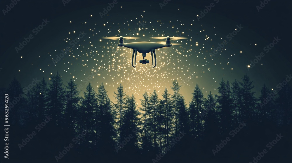 Poster Drone reforesting a large area with seed dispersal Flat design Vector look Digital art Large space for text in center Stock Photo with copy space