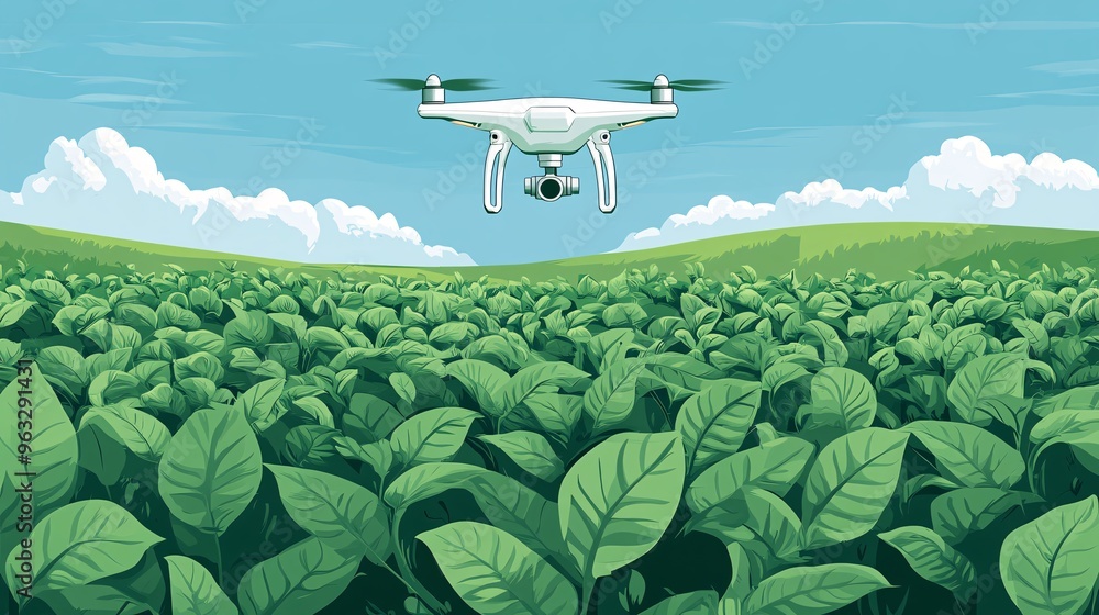 Poster Drone reforesting a large area with seed dispersal Flat design Vector look Digital art Large space for text in center Stock Photo with copy space