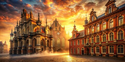 Naklejka premium Spectacular Baroque architecture majestic Gothic details rusty red brickwork warm golden light ethereal misty atmosphere soft focus serene tranquil majesty ancient history divine beauty