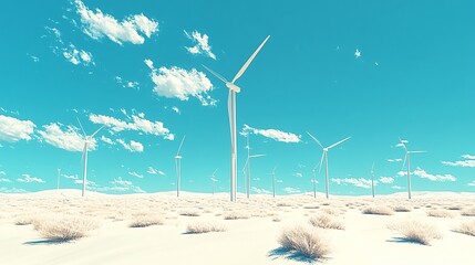 Wind turbines creating renewable energy on sunny day Flat design Vector look Digital art Large space for text in center Stock Photo with copy space