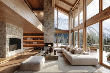 Interior rendering of a modern chalet living room featuring a stone fireplace, wood walls, large windows with mountain views, a sofa facing a TV on a wall shelf, a coffee table by the window,