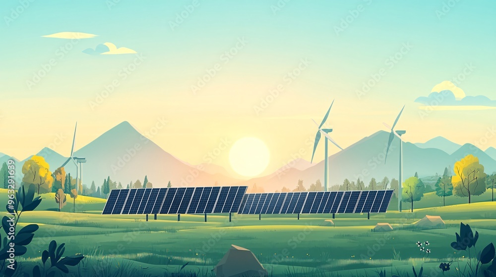 Poster wind and solar farms working in harmony flat design vector look digital art large space for text in 