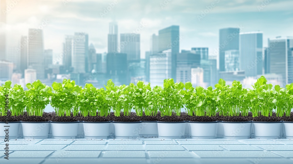 Poster City rooftop garden with automated smart farm system Flat design Vector look Digital art Large space for text in center Stock Photo with copy space