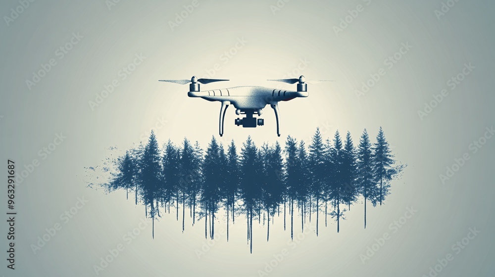 Poster Drone seeding forest with new growth emerging Flat design Vector look Digital art Large space for text in center Stock Photo with copy space