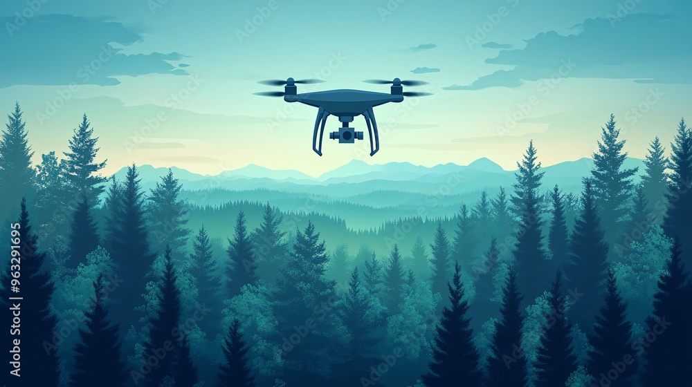Poster Drone seeding forest with new growth emerging Flat design Vector look Digital art Large space for text in center Stock Photo with copy space