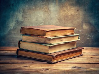 Stacked schoolbooks on a desk isolated on a plain background dusty pages worn covers vintage texture worn edges subtle creases worn corners faded covers worn pages