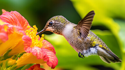 Naklejka premium Hummingbird Feeding On A Bright Red Flower With A Blurry Green Background.