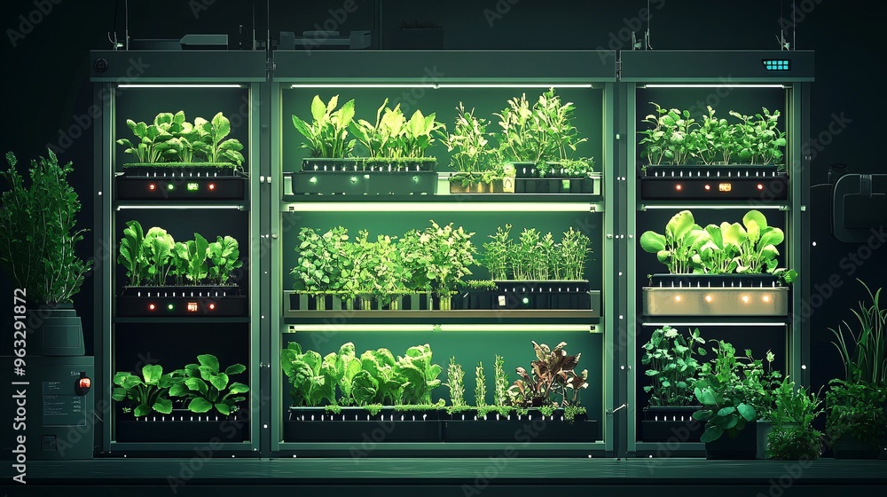 Poster Vertical farm using smart irrigation and light systems Flat design Vector look Digital art Large space for text in center Stock Photo with copy space