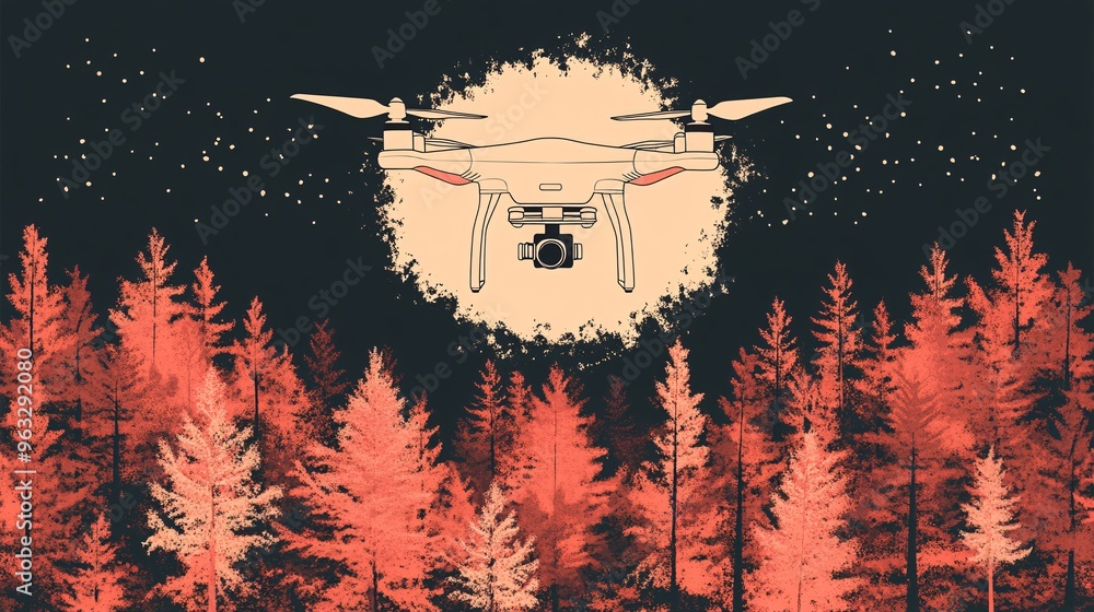 Poster Drone planting seeds in a recovering forest Flat design Vector look Digital art Large space for text in center Stock Photo with copy space