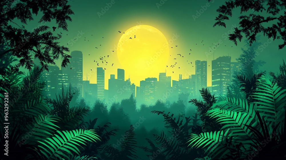 Poster futuristic cityscape with green buildings and urban farms flat design vector look digital art large 