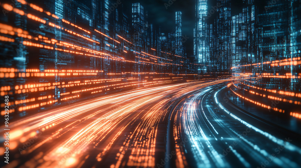 Poster the digital city highway glows with binary code light trails, creating a futuristic scene at night