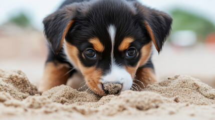Cute Puppy Playing In The Sand, Exploring The World With Its Nose.