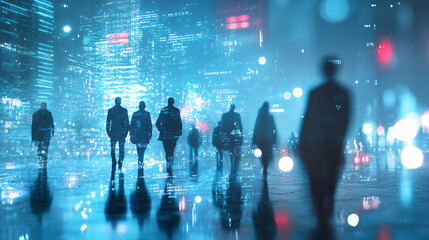 Business people walking in the city at night with a computer code overlay effect