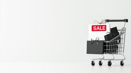 A modern shopping cart filled with gifts, featuring a SALE sign, ideal for representing discounts and seasonal promotions.