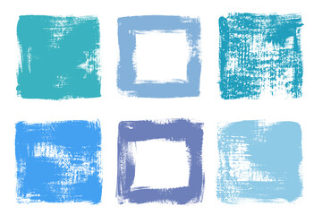 Grunge blue texture square box frames set. Grungy rough painted rectangular shapes. 