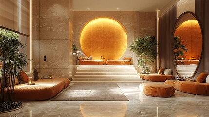 A cozy, minimalist enquiry area with a warm color palette and inviting furniture.