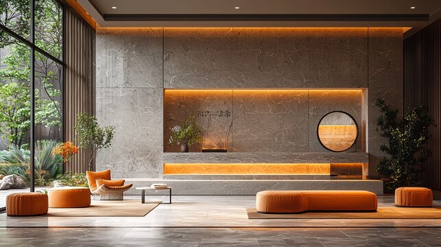 A cozy, minimalist enquiry area with a warm color palette and inviting furniture.
