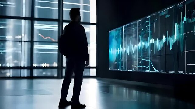 Man Looking at Data on Large Screens in a Modern Office