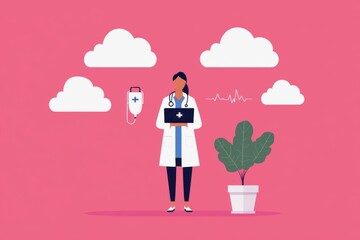 Fototapeta premium Cloud computing for healthcare, patient data security, flat design illustration